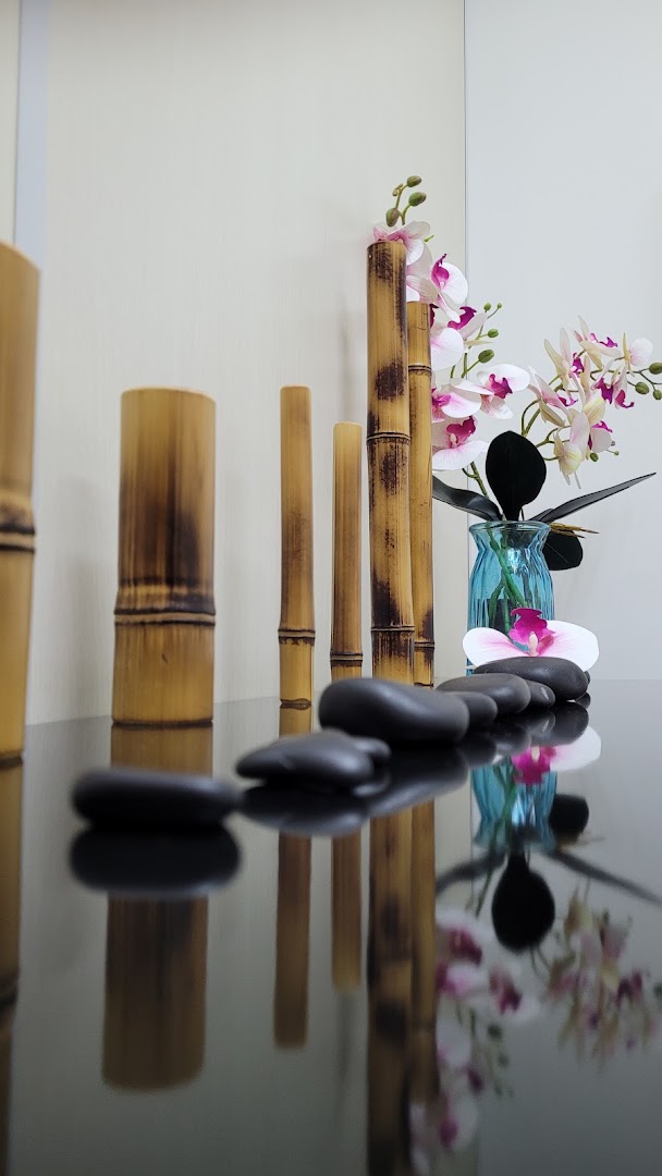 Composição de bambu, pedras e orquídeas na sala de atendimento